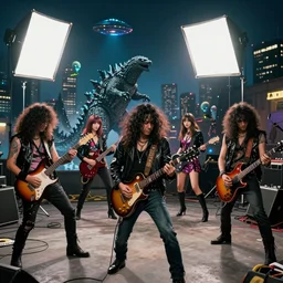 The wide shot of disco punk rock Asian band with very long curly dark hair playing on guitars while Godzilla destructs the city and aliens steal their women, top soft box light, night city on the background, flying saucer in the sky, by Lubezki and David Lynch, anamorphic 35 mm lens, cinematic, anamorphic lens flares 4k