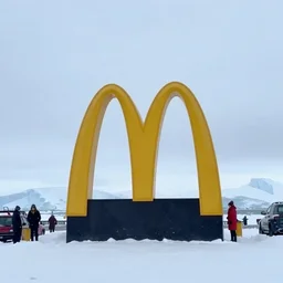 a photo of a mcdonalds located in the middle of antarctica, realistic, bad quality, snowy,