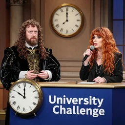Henry VIII, Alan Sugar, Patti Smith playing University Challenge. TV show, clock, photorealistic