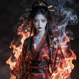 japanese girl wearing robes of smoke and fire, pale and thin beautiful goddess