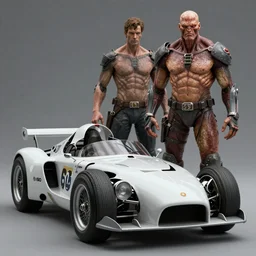 Speed Racer Designed By Moebius Yasushi Nirasawa and HR Giger, full body action pose, hyperrealistic, octane render, HDR, volumetric lighting,