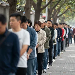 a long queue of everyday people waiting in line