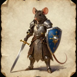 character design sheet for a heroic mouse knight with sword and shield on a parchment background, redwall, greg rutowski and jean baptiste monge, detailed, epic fantasy concept art
