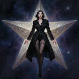 lady in black coat and pantyhose in cosmic horror style, giant star, intricate, seductive confident pose, realistic, highly detailed, digital painting, art by wlop and artgerm and ross tran and greg rutkowski, charlie bowater