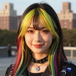 a beautiful close up portrait photo of a very beautiful young Chinese female model wearing cybergothic clothing, bright coloured streaks of hair, cute smile, beautiful detailed eyes, golden hour in Manhattan, outdoors, professional award winning portrait photography, Zeiss 150mm f/2.8 Hasselblad