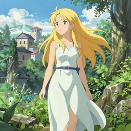 Portrait of a golden-haired elf woman walking through a city reclaimed by nature, beautiful face, highly detailed, photoshop, digital illustration, official anime key visual, by Makoto Shinkai and Hayao Miyazaki, by William-Adolphe Bouguereau and Murata Range