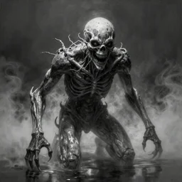 ultra realist soft painting of a single creature so scary one glance is enough to drive a man insane, very intricate details, ultra dense fog, golden ratio, volumetric black and white lighting, reflections, refractions, symmetry accurate anatomy features, unreal render