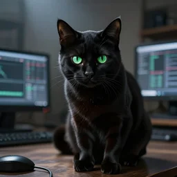 evil black cat with green eyes ruling over the internet, beautiful composition, high contrast