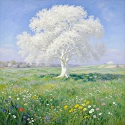 epic beautiful meadow full of flowers in style of henri rousseau, ancient white albino tree in center of an epic depth landscape