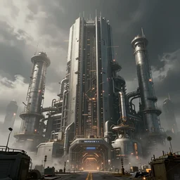 an epic render of a massive cyberpunk factory building, volumetric light, fog, trending on artstation
