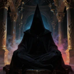 a close - up view portrait of a silhouetted supernatural wizard meditating in baroque neoclassicist halls with futuristic metallic technology. close - up view, detailed textures. glowing colorful fog, dark black background. highly detailed fantasy science fiction painting by moebius, norman rockwell, frank frazetta, and syd mead. rich colors, high contrast. artstation
