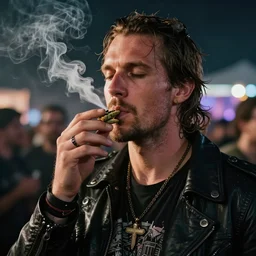 a photo of a man smoking weed at a heavy metal festival