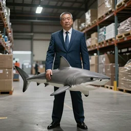 Shark wearing a suit in a warehouse