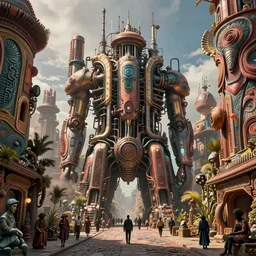 detailed ultrarealistic photography of cyberpunk industrial machine postapocalyptic organic rustic robust tribal arkham street, craig mullins, vallejo, moebius, ian miller, wayne barlowe, greg rutkowski, mucha, brian froud, cinematic, full shot, symmetric