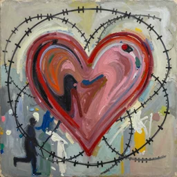 A backdrop embodying razor wire, love, and passion. Abstract art in the style of your mom and Basquiat. Oil on more oil.