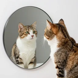 studio quality professional photograph, Cat seeing itself in a mirror