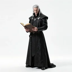 silver-haired warlock with dark tome, cinematic studio photo, full body, standing, isolated on a pure white background, centered, whole figure in frame, sharp focus, studio lighting