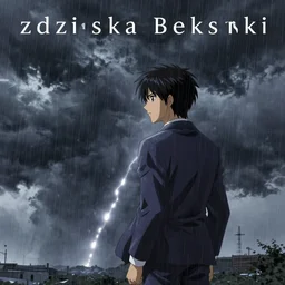 anime made by zdzisław beksinski, album cover, thunderstorm the background, rain