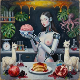 dark kitchen of an art student, sensual portrait of a female transhuman robot holding a brain, japanese pottery, scales, tropical houseplants, test tubes, honey dripping from ceiling, berries dripping juice, pancakes, pomegranate, berries, alpaca sculpture, octopus, scientific glassware, neo - expressionism, surrealism, acrylic and spray paint and oilstick on canvas