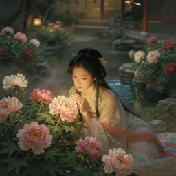 ancient fantasy garden at night, beautiful woman caring for peonies, beautiful face, focus on face, natural pose, pond, ethereal warm light, mist, fantasy world, coherent composition, rule of thirds, shallow depth of field, detailed fantasy painting, yuumei, noriyoshi ohrai, ( ( rolf armstrong ) )