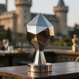 a reflective geometric polyhedral steel engineering trophy at a high end bar in a medieval themed castle in golden afternoon light, professional food photography