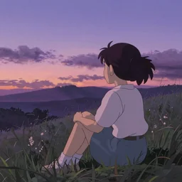 a girl sitting in a field watching a purple sunset, studio ghibli film