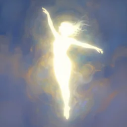 levitating glowing human silhouette, dynamic pose ethereal, transcendent background, fantasy, painterly, bright