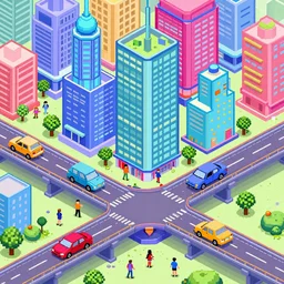 colorful futuristic city full of cars bridges and people, isometric, pixelart