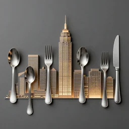 A city skyline made out of shiny metallic spoons, forks, and knives, beautiful lighting, detailed, realistic