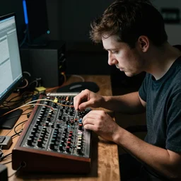 an electrical engineer patching a modular synthesizer in a dark but adequately lot environment, artistic photography