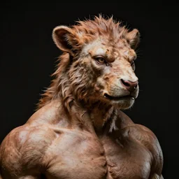 closeup portrait of muscular animal human merged head, morphing, merging, anthropomorphic, creature, black background
