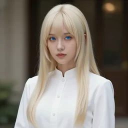 aristocratic platinum - blonde - haired hime - cut blue - eyed princess wearing white leggings and black jacket, standing next to communist monument, anime, hd anime wallpaper, drawn by artgerm