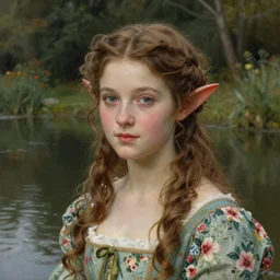 bust portrait of a cute dwarven woman wearing a floral dress by a pond, intricate, highly detailed face, beautiful artwork by gerald brom and william - adolphe bouguereau