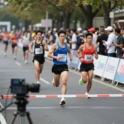 running race finish line camera, high quality slitscan photo of runners