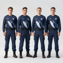 4 elegant full length special forces soldiers with  killer whale  uniforms designed by alphonso mucha
