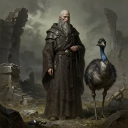 male monk, undead emu, ruins landscape, d & d, fantasy, intricate, highly detailed, digital painting, artstation, octane render, concept art, matte, sharp focus, illustration, hearthstone, art by artgerm and greg rutkowski and alphonse mucha