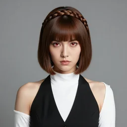portrait photo of a stern young woman with brown hair in a bob cut with blunt bangs and a french - braid styled headband that matches her hair color. her eyes are red, she wears a black halter vest over a long - sleeve white shirt with a turtleneck. professional photography