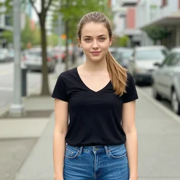 iPhone portrait of an 20-something Canadian dressed in, light brown hair, green eyes, wearing a  black vneck tshirt, blue jeans, pony tail, girl next door innocent look, on a sidewalk of Vancouver