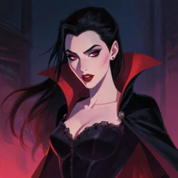 editorial illustration by Karolis Strautniekas and Mads Berg, colorful, portrait of vampire princess miyu, fine texture, detailed, matte colors, film noir, dramatic lighting, dynamic composition, moody, vivid, volumetric