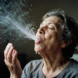 analog photographic portrait with 5 0 mm lens and f / 1 2. 0 of a 1 0 5 years old woman woman with her eyes closed and spurting from her mouth a white viscous fluid floating in the air. with a slight variation of light in the liquid and gesture.