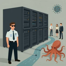 illustration of a data-center architecture or schema, sunglass wearing security agent and spiked virus octopus, datapipeline or river, painting by Jules Julien and Lisa Frank and Peter Mohrbacher and Alena Aenami and Dave LaChapelle muted colors with minimalism