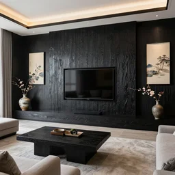 lounge room, stone, interior design, stylish luxury lounge room design, yakisugi, black vertical slatted timber, 7 5 inch tv, textures, feminine, black walls, art, japanese pottery vase with flowers, ikebana, kakejiku, seasonal, japanese influences