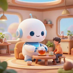 cute house robot making tea for a human friend, highly detailed, hyperrealistic, artstation, artstation, cheerful,, utopia, scifi, futuristic house interior!!!, art by ivan laliashvili and nicholas cort and eddie mendoza and edward denton