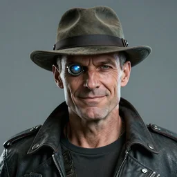 an intimate portrait of a gnarly human cyberpunk captain, old skin, faded fedora, charming, strong leader, metal eye piece, a look of cunning, big smile, stone museum sculpture, golden cityscape, lasers, sparks, yellow and blue and cyan