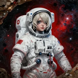 Cave painting of a hopeful pretty astronaut lady with a wavy blonde hair, 4k resolution, nier:automata inspired, bravely default inspired, vibrant but dreary but upflifting red, black and white color scheme!!! ((Space nebula background))