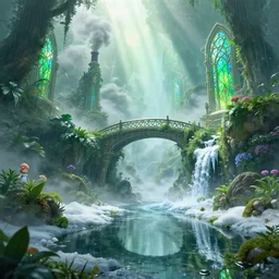 futuristic alien landscape, ornate, beautiful, atmosphere, vibe, mist, smoke, chimney, rain, reflection, pristine, puddles, waterfall, melting, dripping, snow, creek, lush, ice, bridge, green, stained glass, forest, flowers, concept art illustration, color page, 4 k, tone mapping, doll, akihiko yoshida, james jean, volumetric lighting, sunbeams, particles, trending on artstation