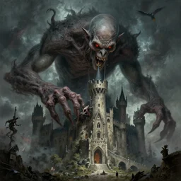 giant lovecraftian monster devouring a castle, high fantasy, lovecraftian horror, depth of view, highly detailed, digital painting, artgerm and greg rutkowski and alphonse mucha