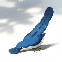 Blue bird feather sits alone on the ground of a white void, anime style, studio ghibli