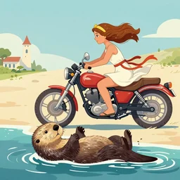 a greek goddess on a motorbike runs over a sea otter, by pat philips