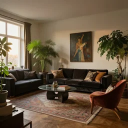 sunrise 3 5 mm warm photo of a tastefully decorated brutalist living room with dark luxurious furnishings and a mix of antique and modern furniture and plants, many plants, leica, very detailed, hyperrealistic, peter doig